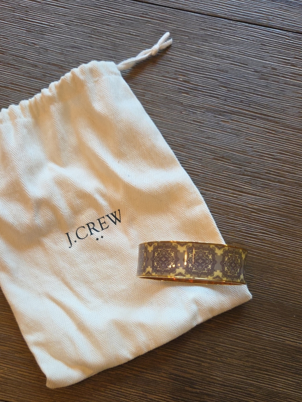 J. Crew Factory Gold, Grey and Cream Patterned Enamel Cuff Bracelet